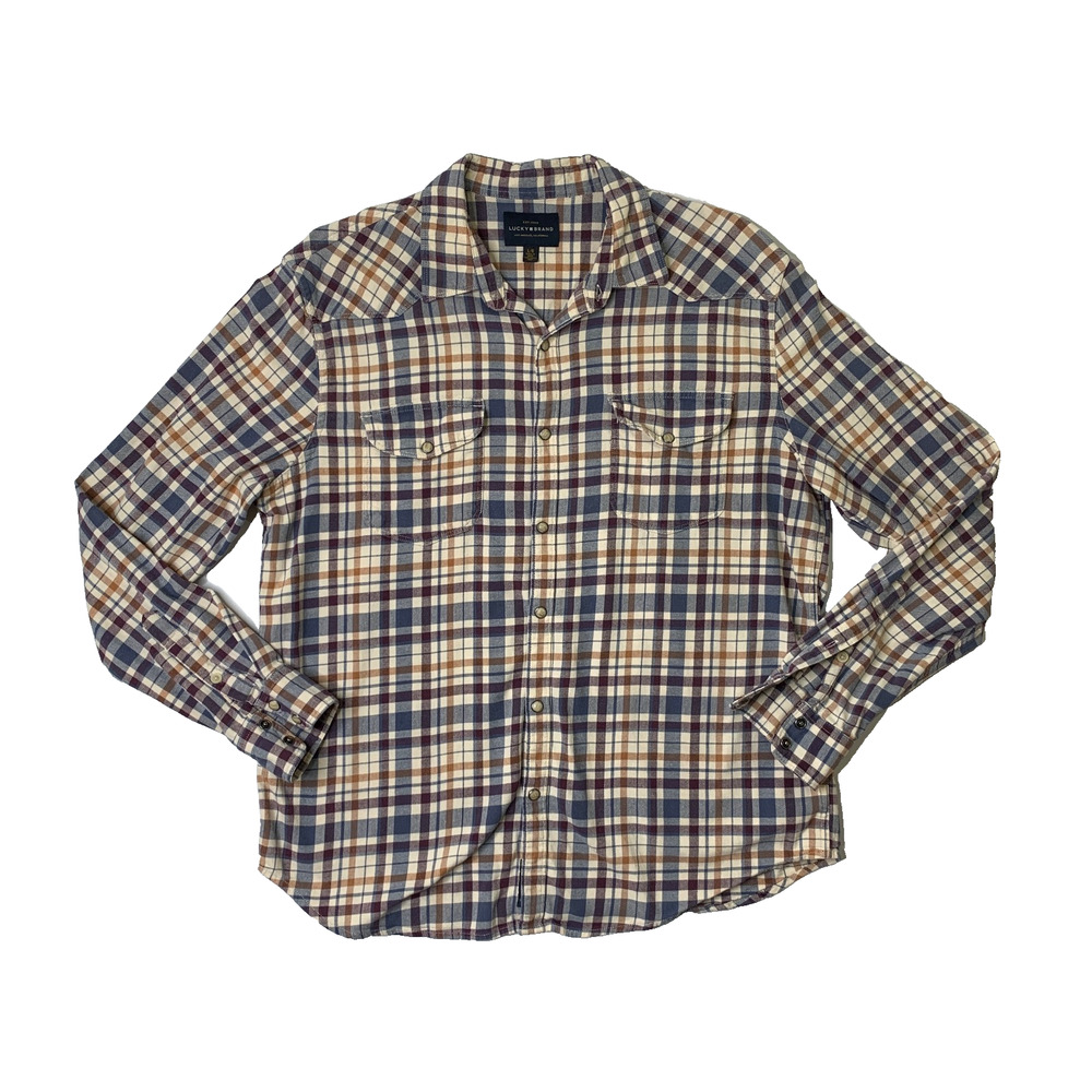 Lucky Brand Shirt Men L Large Western Long Sleeve Pearl Snap Buttons Lightweight